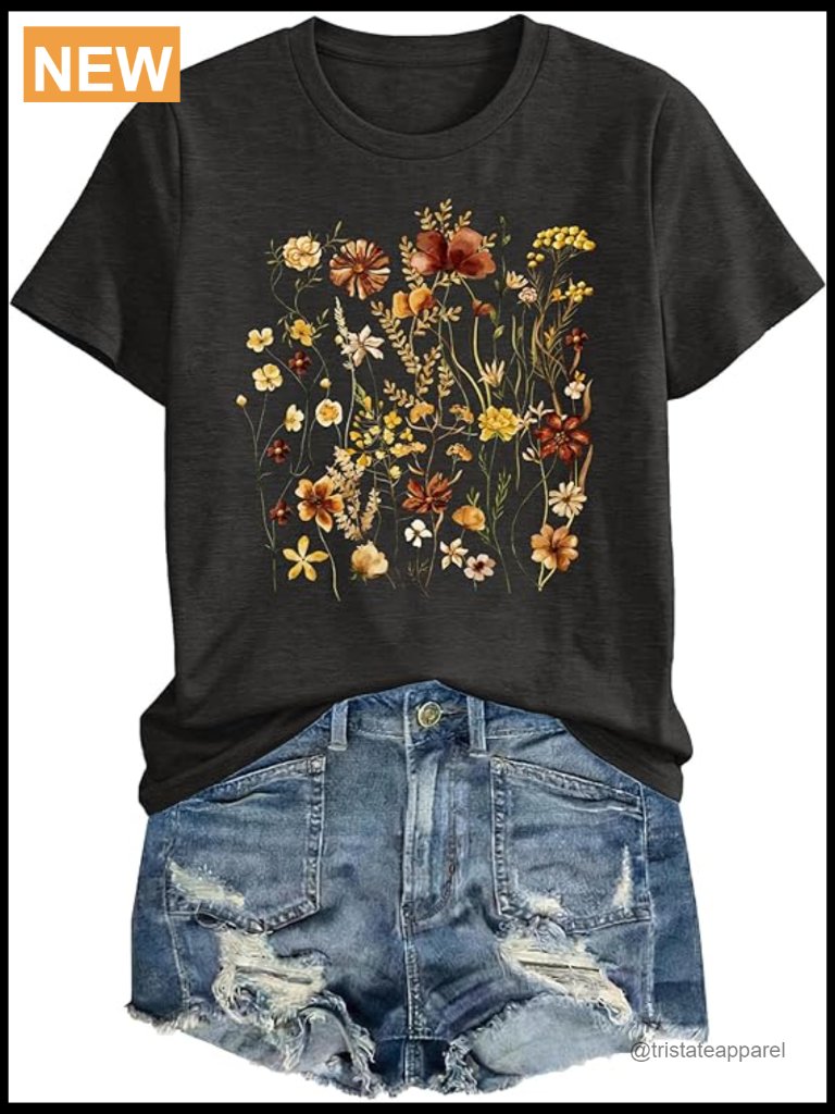 Boho Floral Graphic Tee Short Sleeve Crew Neck Soft Casual Summer Top